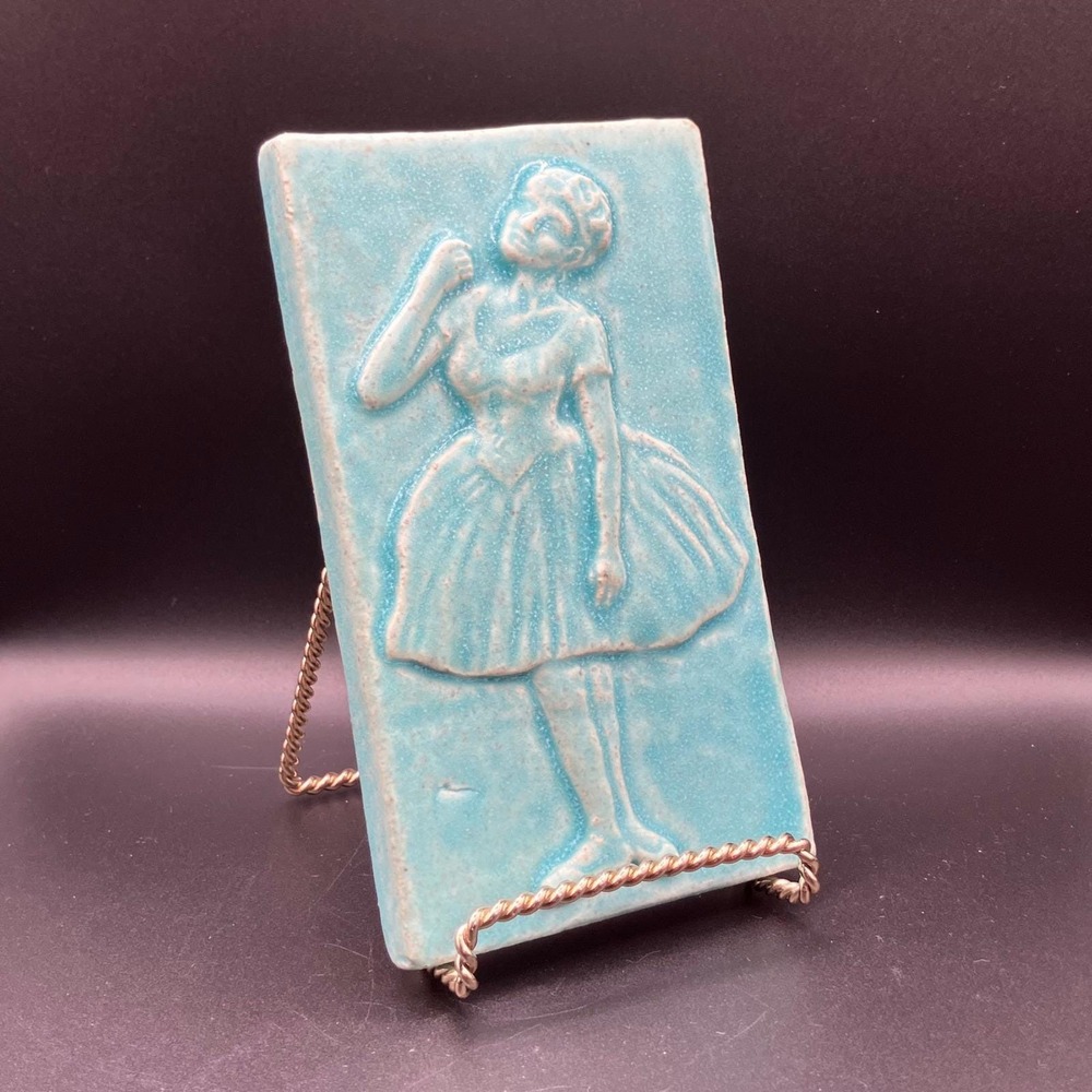 Vintage Ceramic Ballerina Tile Art 2002 Blue Embossed Dancing Girl Wall Decor
